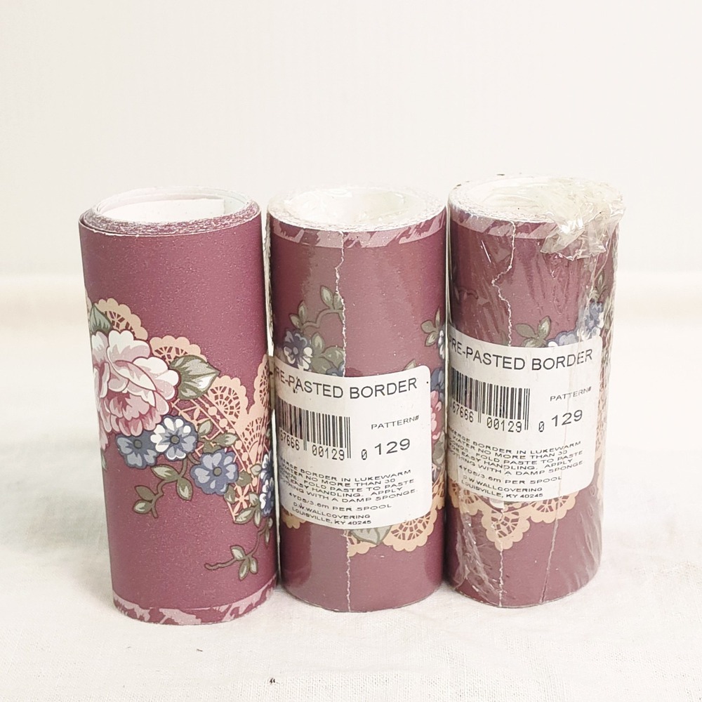 Lot of 3 Vtg DW Wallcovering #129 Floral Pre-pasted 4" Border Wallpaper NOS